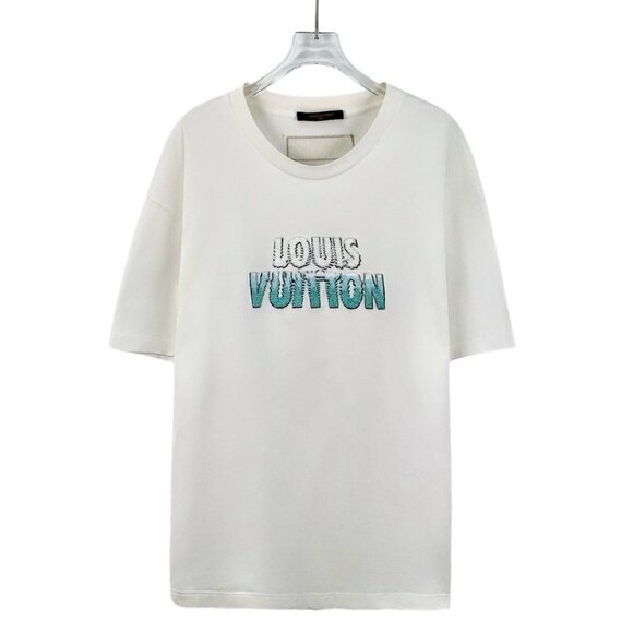 Louis Vuitton 2023 White Letter Beaded Cotton Crew Neck Short-Sleeve T-Shirt